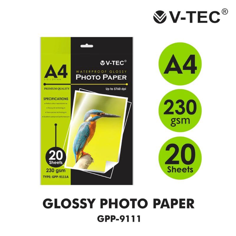 

Kertas foto/Glossy Photo Paper V-tec A4-230gsm ( 1pak/20sheet )