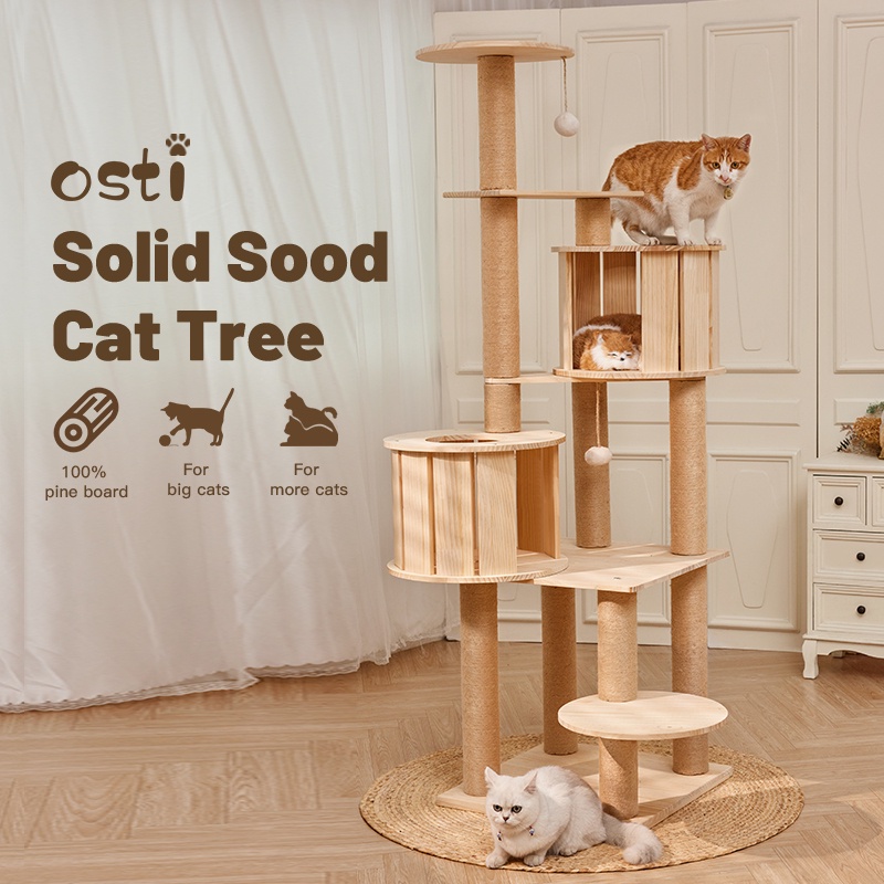 Osti Modern Pohon Kucing Kayu Asli Kayu Mewah Kondominium Menara Kucing Kayu Mewah dengan Tiang Garukan untuk Kucing Besar