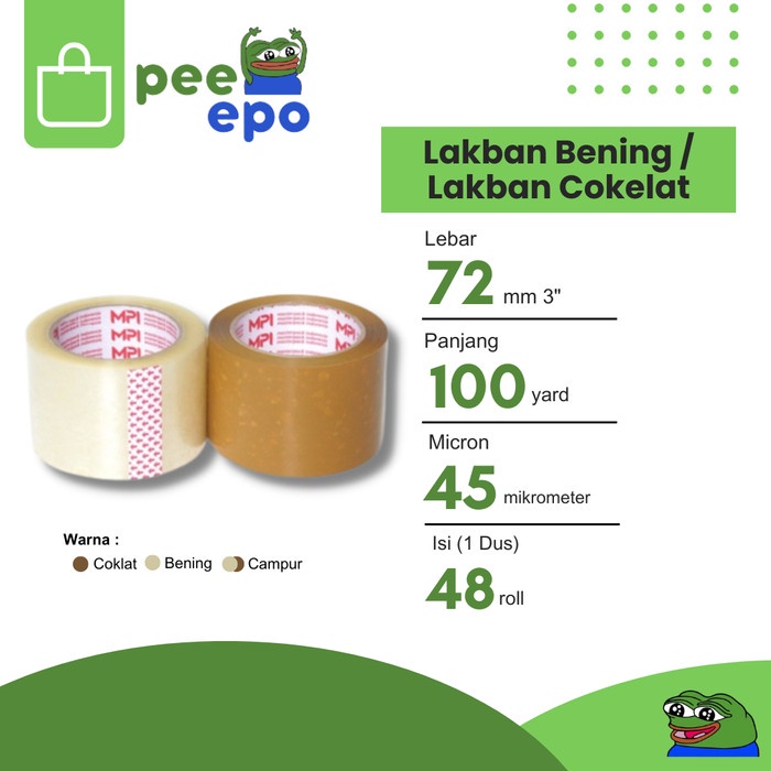 

Lakban Bening / Lakban Cokelat 72mm x 100 Yard MPI 1 Dus isi 48 Roll