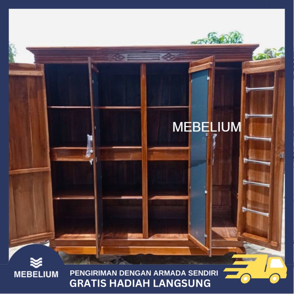 Lemari Pakaian Jati Rak Hijab 4 Pintu / Lemari Baju Kayu Jati Muda Full Rak Hijab Stainless Anti Air
