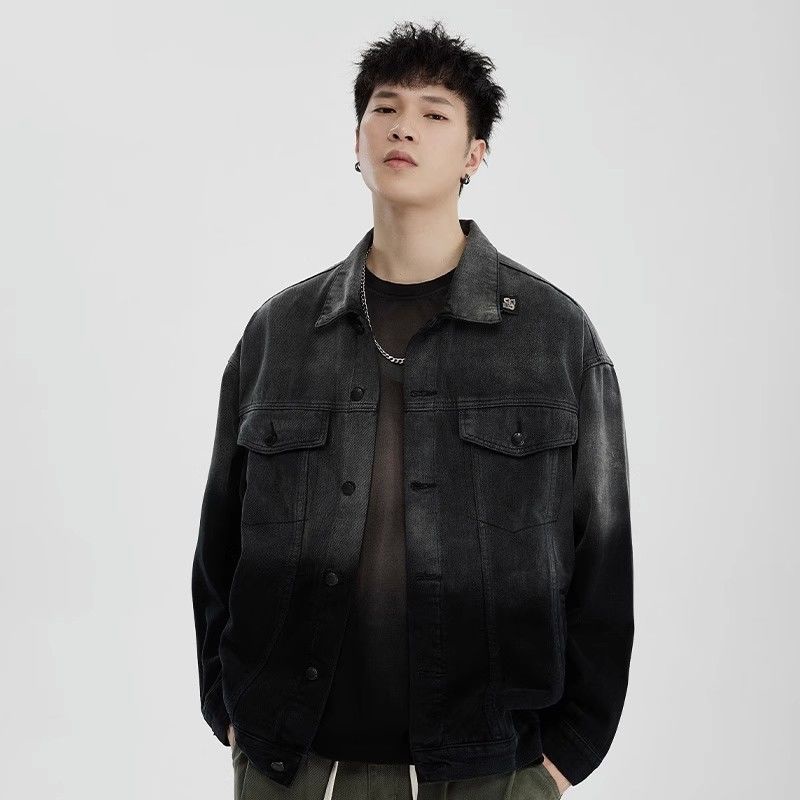 Men's retro American hiphop versatile loose lapel washed denim jacket jacket jacket