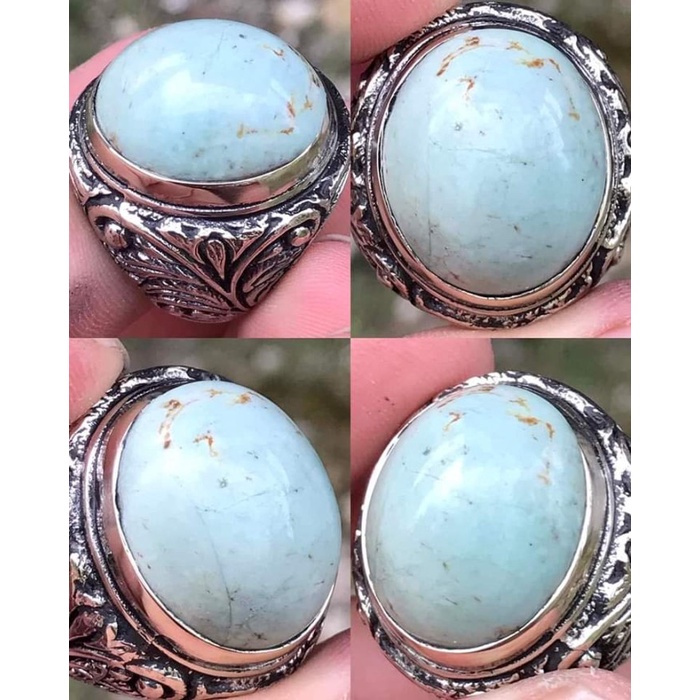 Cincin Batu Akik Natural Pirus Persia Iran Warna Biru Telur Asin Antik