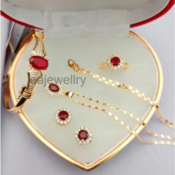 Set perhiasan emas batu merah 24 karat asli realpict untuk dewasa aksesoris perempuan