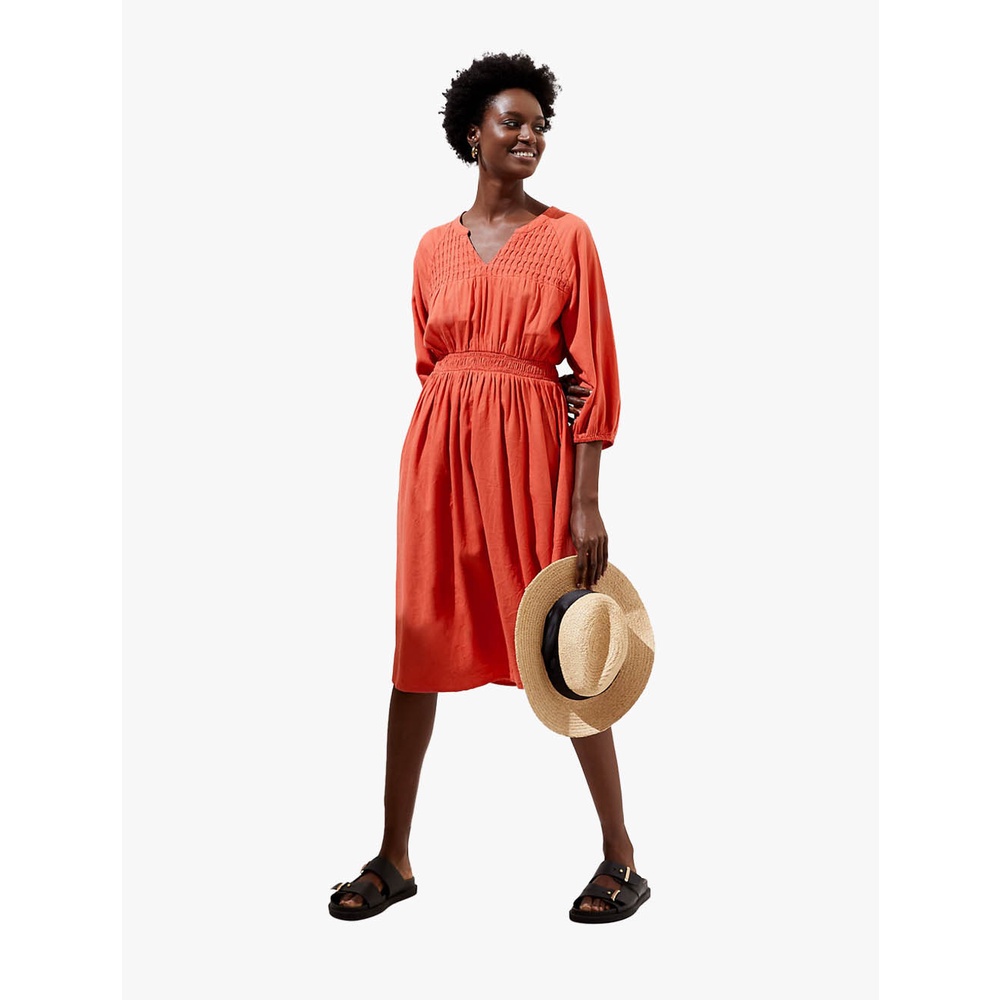 M&S - Dress Wanita - Linen Rich V-Neck Midi Waisted Dress