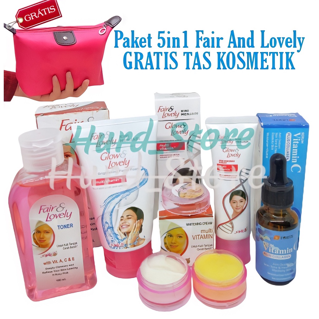 HM Paket 5 in 1 Fair And Lovely [ Gratis TAS KOSMETIK ] - Cream Siang Malam - Pelembab - Facial Foam
