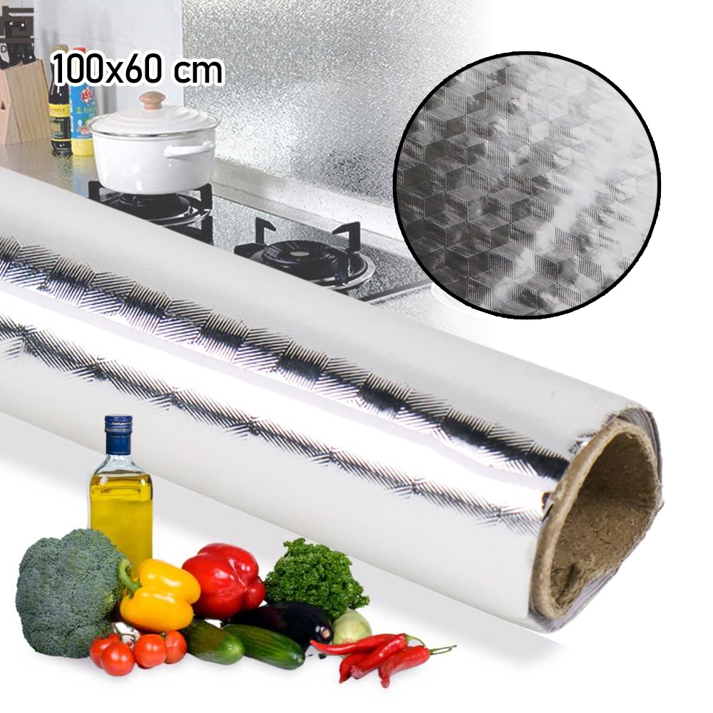 Wallpaper Aluminium Foil Anti Minyak Waterproof 100x60 cm Cubic Anti Air Tahan Panas Silver Bisa COD