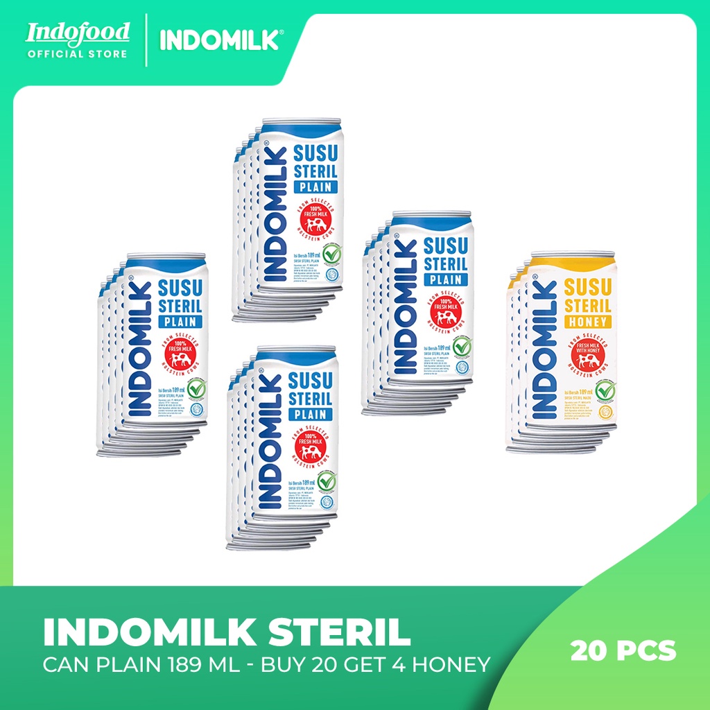 

Buy 20 pcs Indomilk Steril Can Plain 189 ml Get 4 pcs Indomilk Steril Can Honey 189 ml