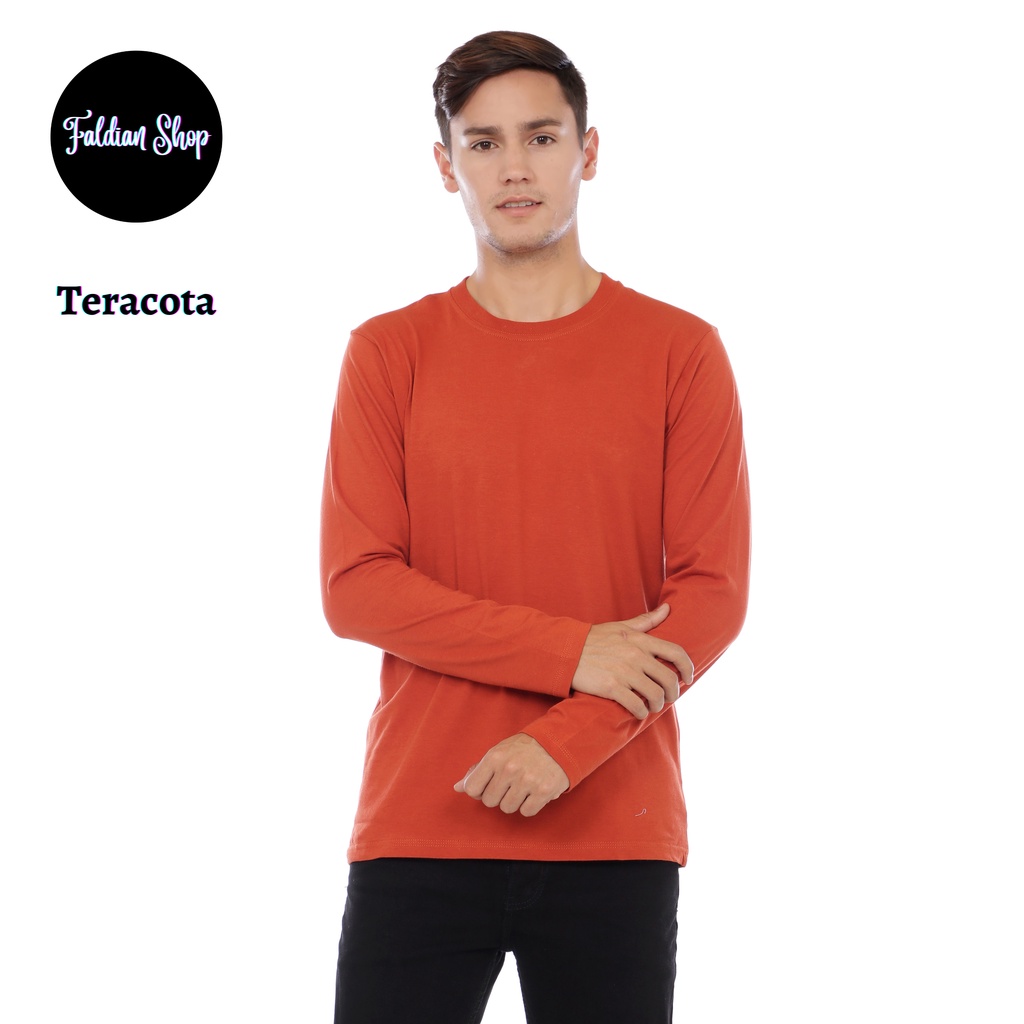 Kaos Polos Pria Oneck Lengan Panjang Bahan Katun Combed 30s Warna Teracota