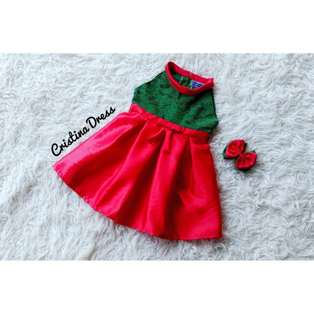 DRESS ANAK CRISTINA WARNA MERAH KOMBINASI HIJAU DRESS SANTA DRESS NATAL