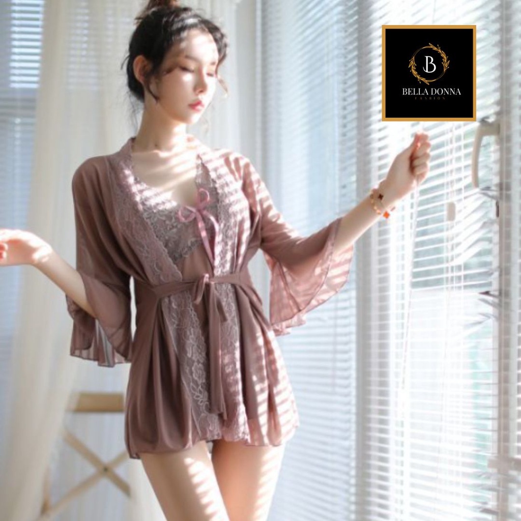 belladonna_id [COD] Baju Tidur Wanita Dewasa Lingerie SOPHIE Sexy anggun Night Dress Gaun Malam Pakaian dalam sexy lingerie sexy baju tidur Coat+Sling Lingerie Premium Quality Lingerie Sexy Dress dan Kimono (Free G String) Lingerie Baju Tidur Sexy-Cokelat