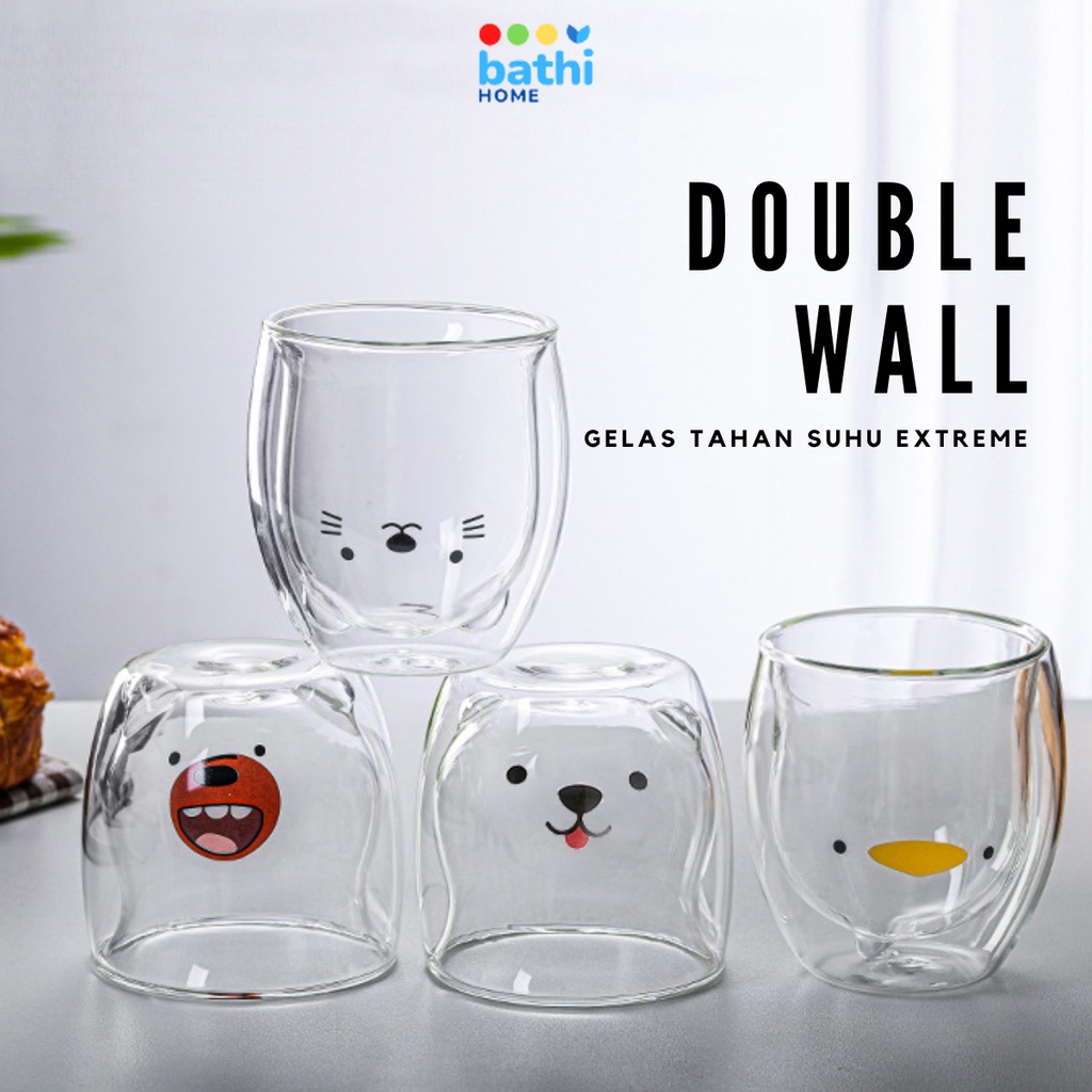 Gelas Kaca Double Wall Kartun Lucu Estetik Tahan Panas Dingin 250 ml