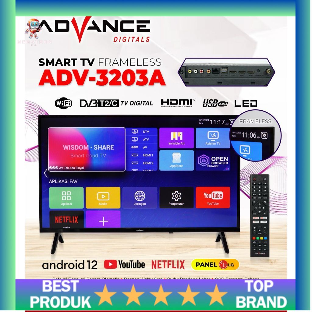 Advance Android Smart TV 32" inch ADV 3203A Televisi Digital Panel LG