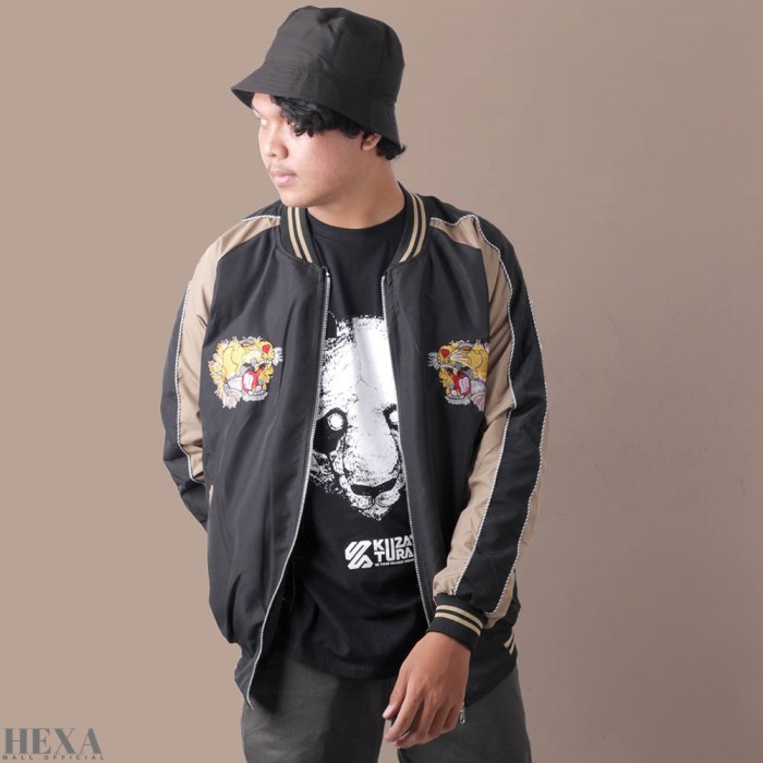 Jaket Sukajan Pria Wanita Parasut Bomber Urban Tiger Casual Hitam Emas