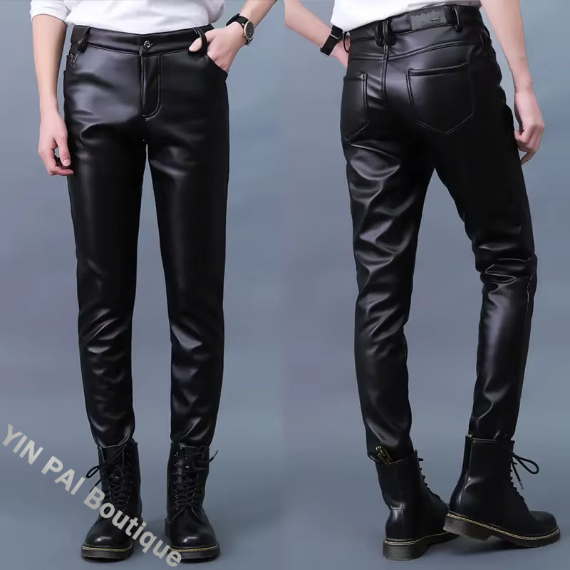 New Men's Leather Pants Slim Fit PU Leather Pants Fashionable Stretch Motorcycle Leather Pants Water