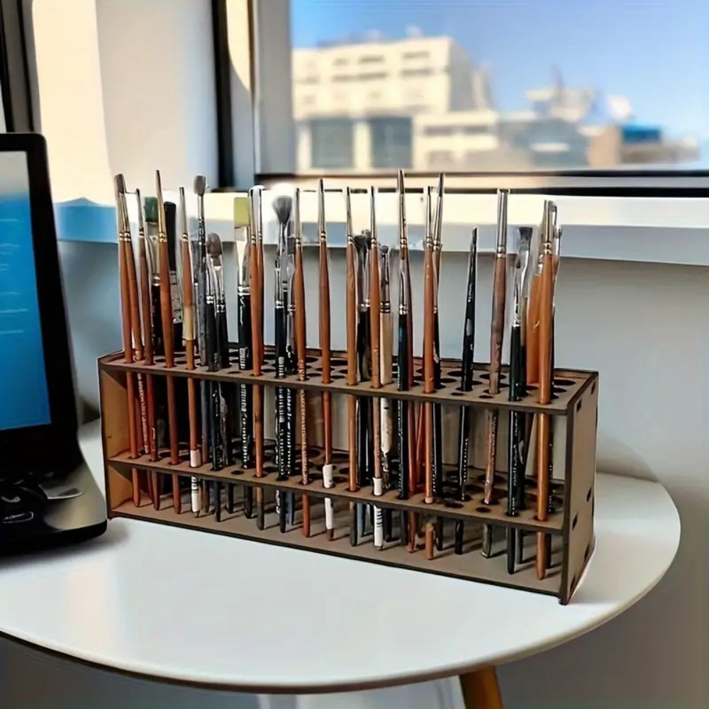 

67-Slot Premium Wooden Brush Holder - Durable Artist Desk Organizer, Pencil & Paint Brushes Storage, Elegant Art & Craft Supplie