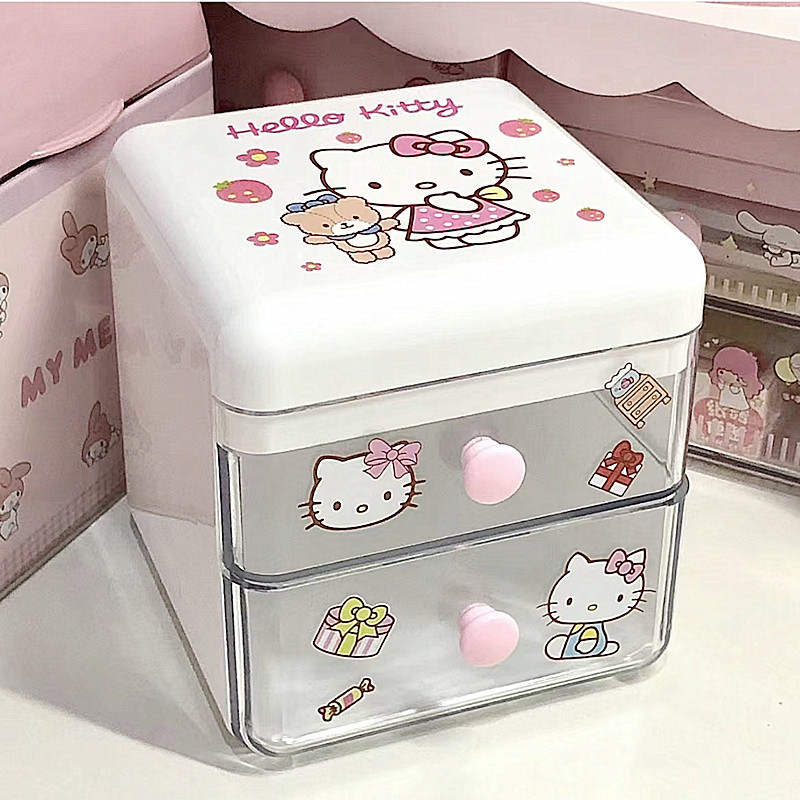 

Sanrio Mini Organizer Cartoon Hello Kitty Cinnamoroll Melody Double Layer Stickers Stationery Desktop Organizer Box Gifts