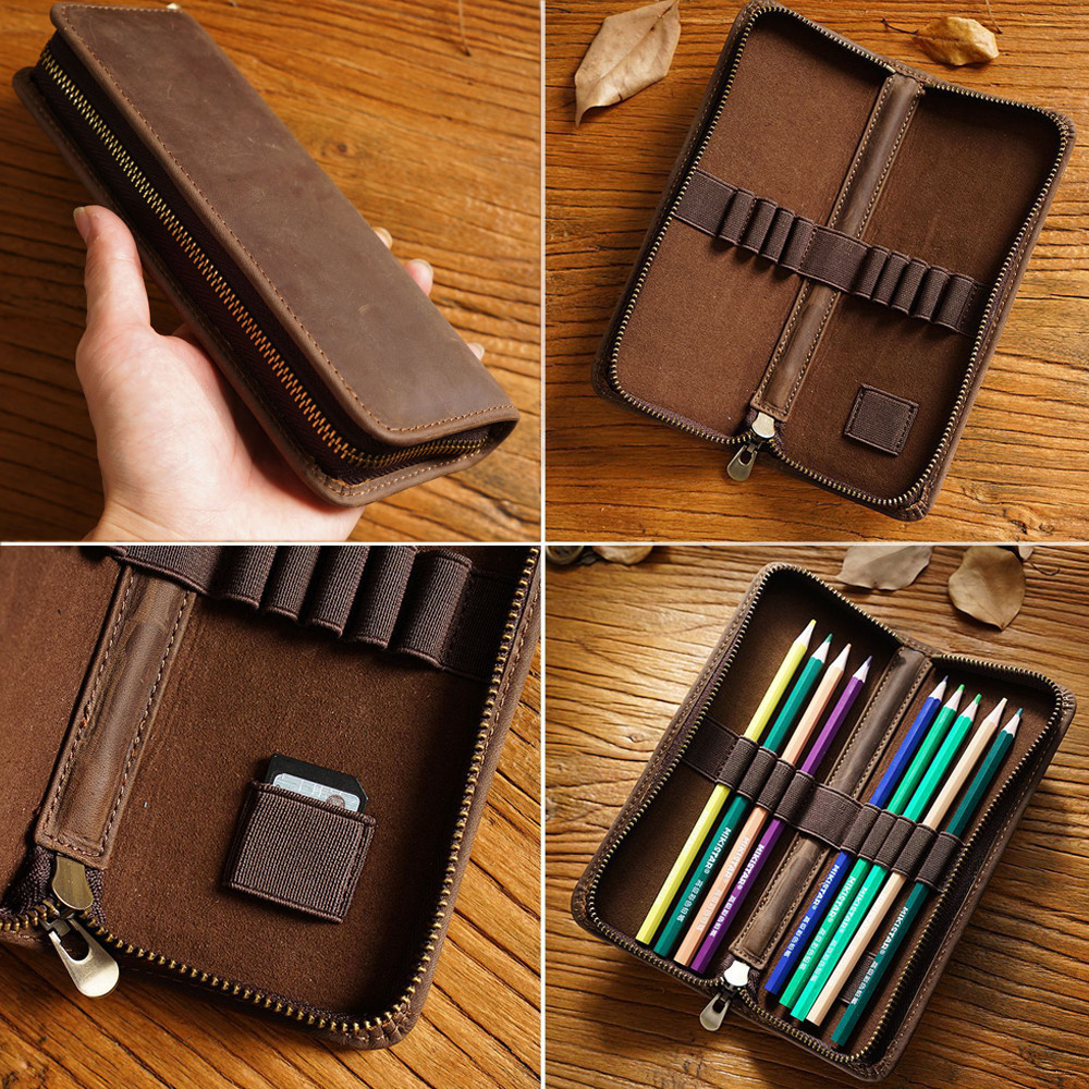 

Genuine Leather Pencilcase Multi-functional Cowhide Pen Case with Pen Holder Organizer Stationery Office School Supplies