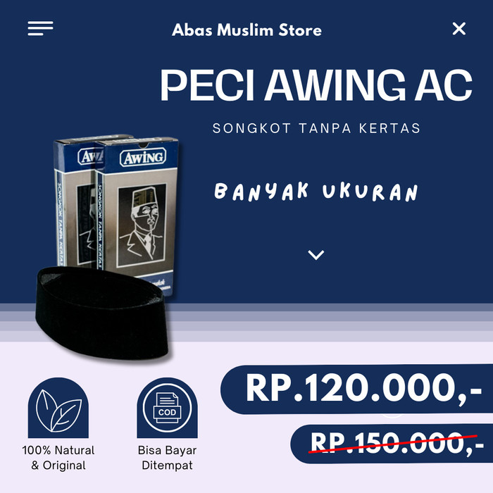 Peci Awing Hitam AC Original Songkok Tanpa Kertas Songkok Awing Murah - 7, Tinggi 9 MS