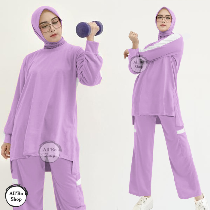 setelan olahraga wanita muslimah set baju dan celana senam jumbo - Ungu, L /Terbaru