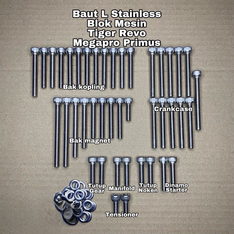 Baut Blok Mesin Stainless Blok Mesin TIGER REVO/MEGAPRO PRIMUS Baut L Stainless ANTI KARAT 100% STAI