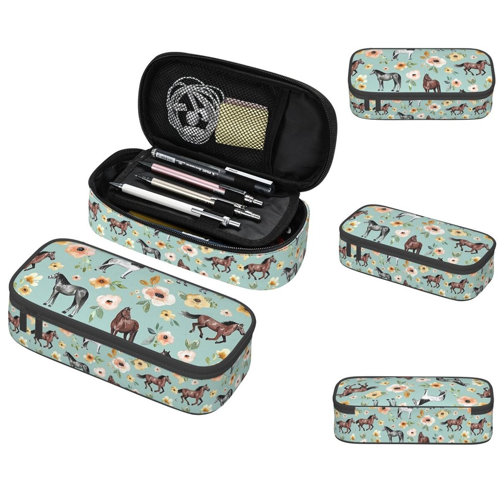 

Horses With Flowers, Sunrise Floral, Blue,Pencil Cases Large Storage Pen Bags Pen Box Pencil Pouch For Boys Girls Students
