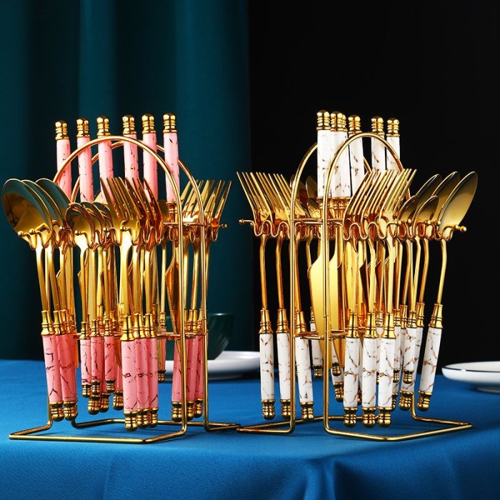 ✨LARIS✨ -cutllery set gold stainless steel premium sendok garpu pisau 24, emas - koper biru gold