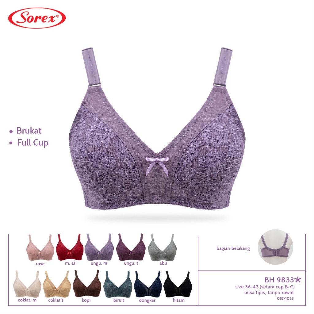 Sorex Bra Busa Tipis Tanpa Kawat Kait 3 Setara Cup B-C Full Cup Brukat Harian BH 9833