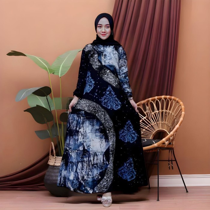 best -Gamis Twill Rayon Malaman Bahan Adem Busui by batikid - NA Biru