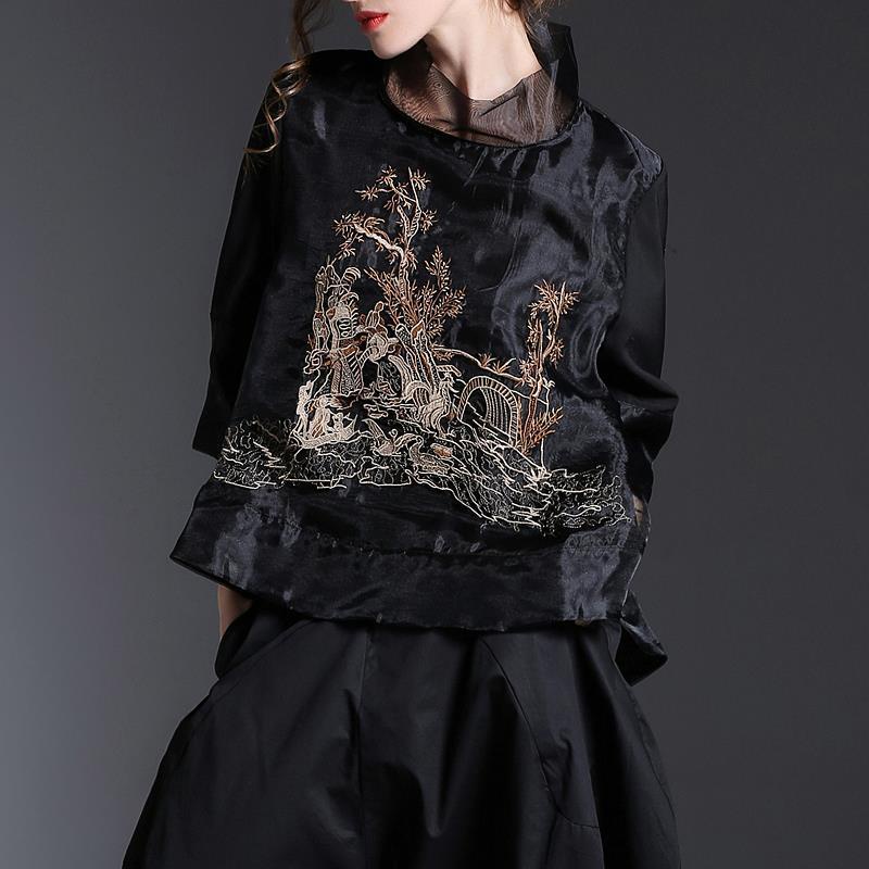 New organza stand neck embroidered chiffon shirt for women