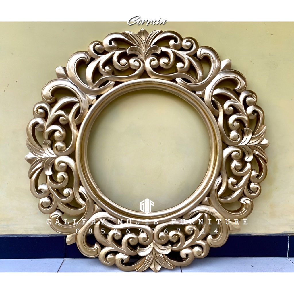 cermin pigura bulat ukir kayu jati diameter 70cm
