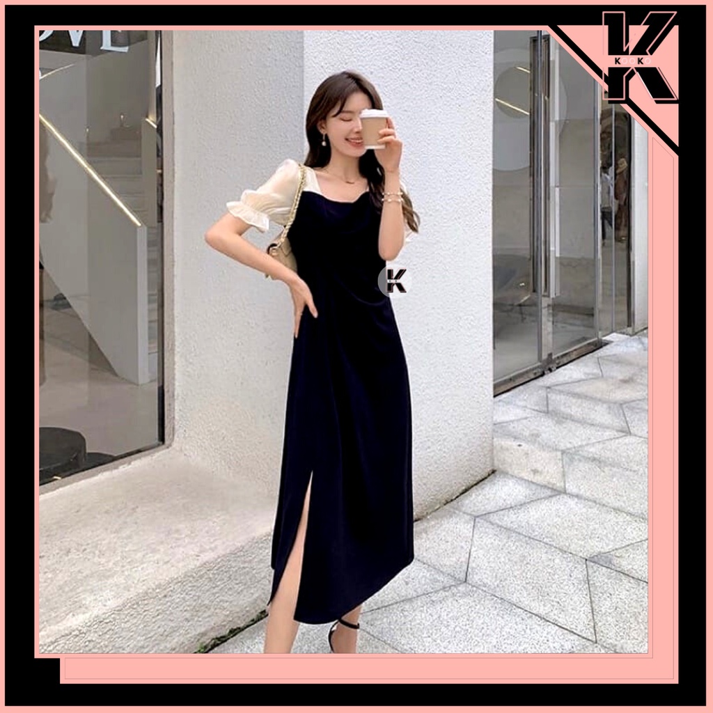 GossipGirls - Kooko Vintage Mini Dress Wanita Import Casual Style Square neck Belah Depan Warna Hita