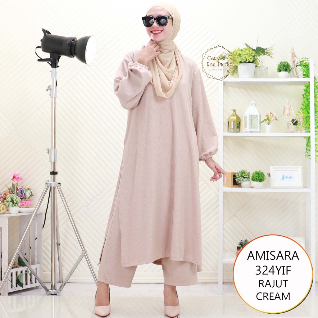 Amisara One Set Long Tunik Rajut Tebal Jumbo Belah Samping Wudhu Friendly