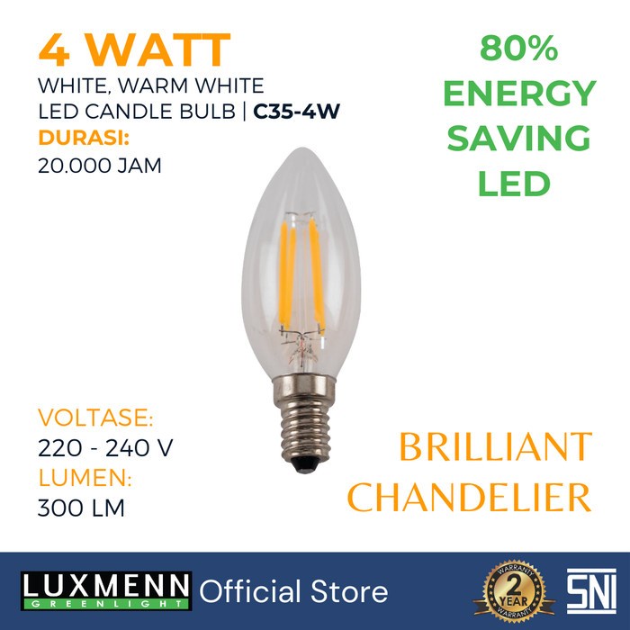 Lampu Filamen Luxmenn LED, Seri C35, 4 Watt, Putih & Kuning
