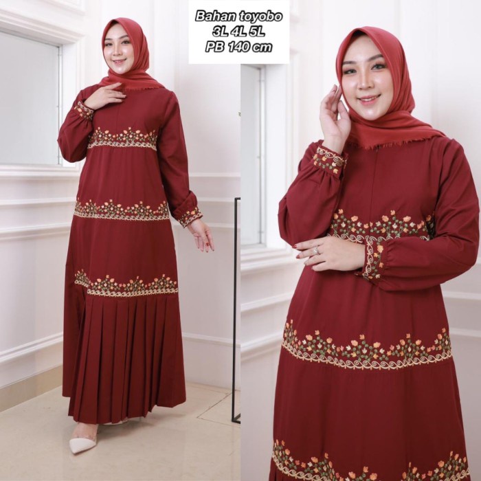 Lidya Dress Gamis Toyobo Bordir Motif Bunga Ada Ukuran Jumbo - Maroon, M