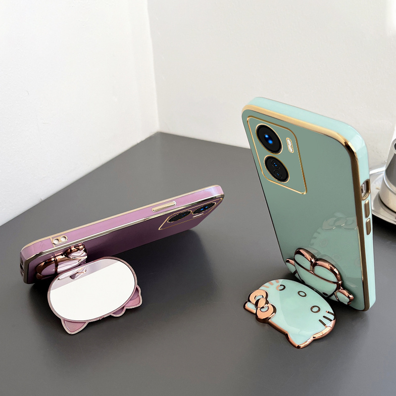 Case HP Holder untuk Vivo Y16 Y15 Vivo Y15a Y15c Y15s vivi vivoY16 vivoY15 vovo vivoY15a vivoY15c viv0 vivoY15s Stand Casing Softcase Kesing Lucu Cesing Cassing Phone Soft Cermin Kucing Kitty Cat Sofcase Kasing Cashing