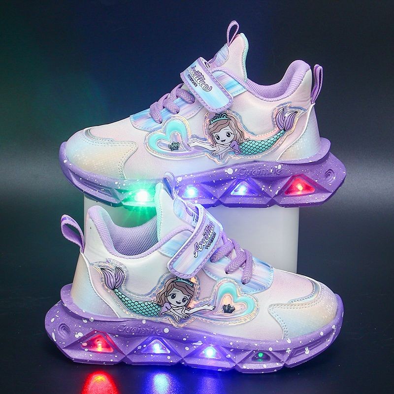 Disney The Little Mermaid Sport Shoes Kawaii LED Shoes Girls Casual Sneakers Kids Tennis Shoes Lumin