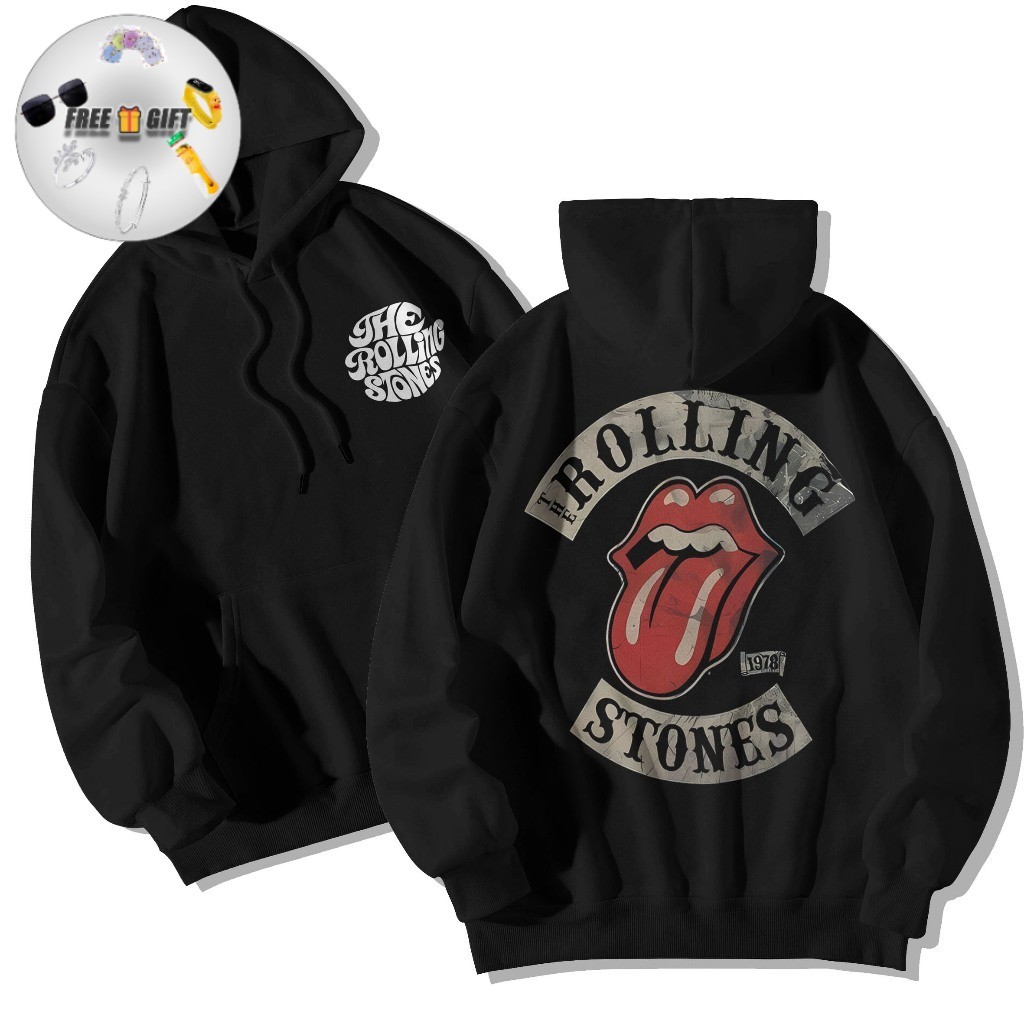 [FREE GIFT] Sweater Hoodie Pria Wanita Jumbo Big Size Rolling Stones Bahan Fleece  Ukuran M L XL