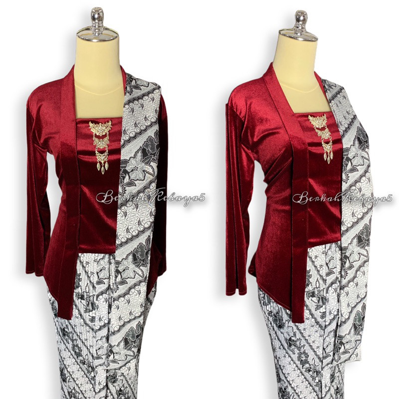 Kebaya Setelan Kebaya Kutu Baru Bludru Maroon / Kebaya + Selendang + Jarik Motif Parang Kusumo