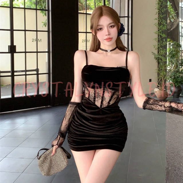 *CRYSTALYN* Mini Dress / Terusan / Gaun Pendek Sexy Party Bludru Lace Korea BodyFit