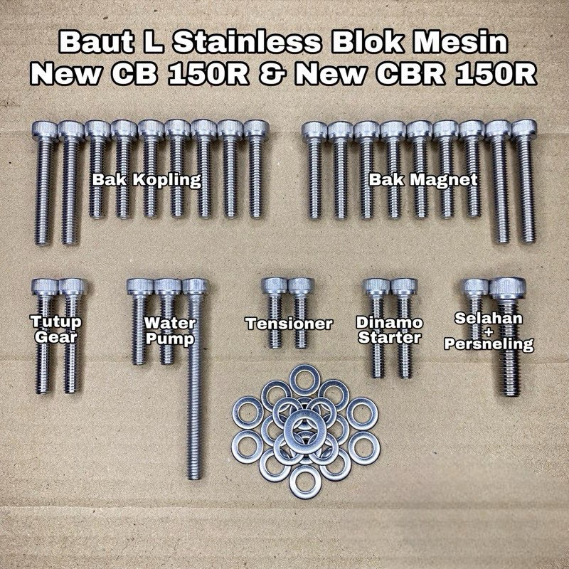 Baut L Blok Mesin NEW CB 150R & NEW CBR 150R Fullset Crankcase Baut L Stainless Anti Karat 100% Stai