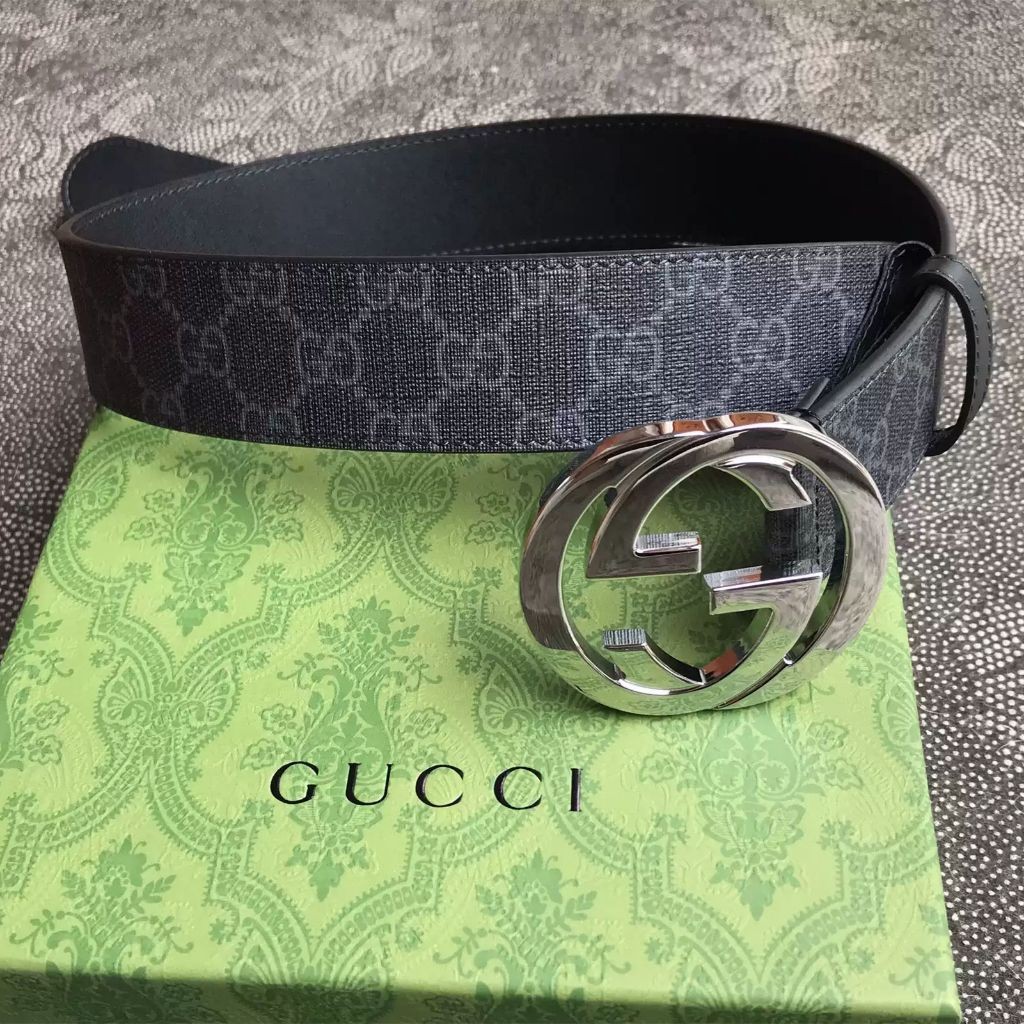 【bekas asli】（411924）GUCCI GG sabuk/sabuk/sabuk kanvas/sabuk kanvas G Supreme ganda yang saling berta