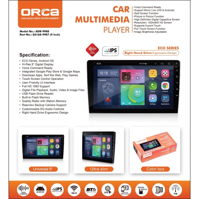 Headunit Android Carplay AGYA-AYLA 2013-2018 ORCA ECO 9988 9 Inch