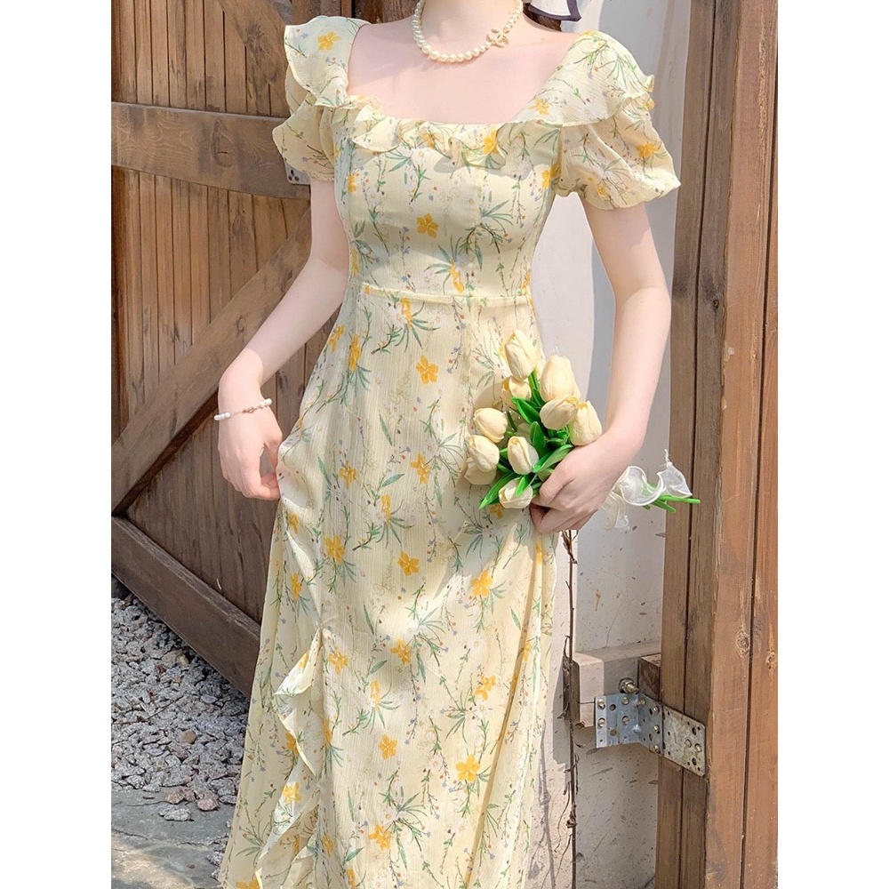 FANMU 2023 gaun lengan gelembung bunga kuning baru split/dress floral