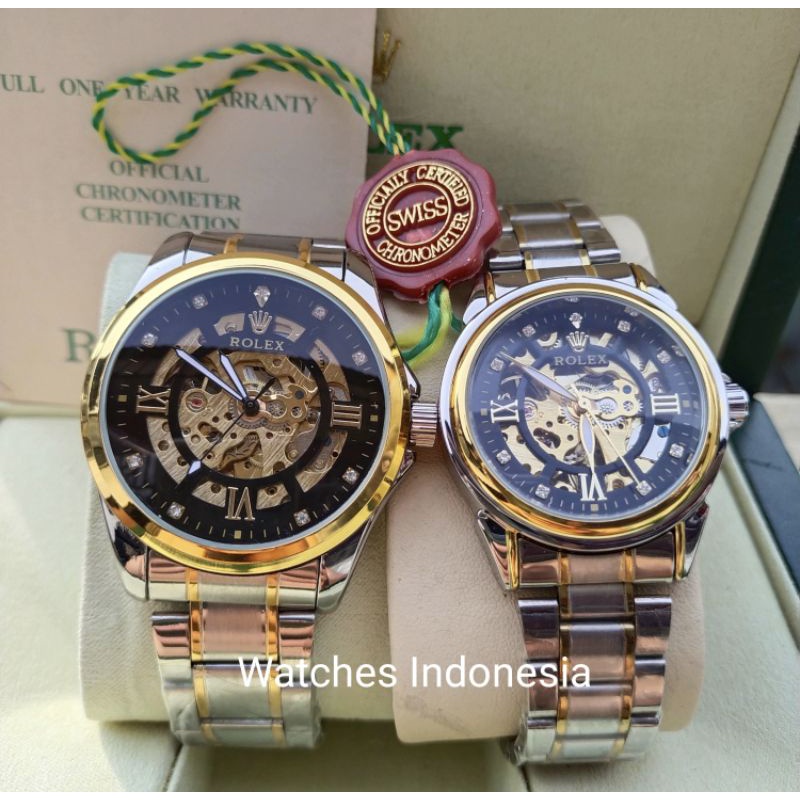 (COD) Bisa Cod Jam Tangan Couple Rolex Automatic Skelaton/ Rolex Otomatis Transparan Romawi
