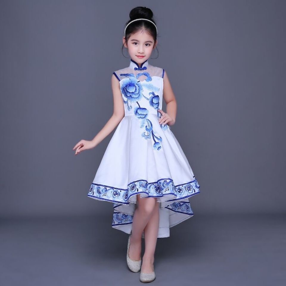 Girls' New Qipao Dress Blue and White Porcelain Dress