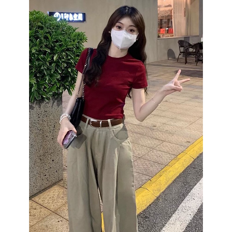 Wine Red Sweet Spicy Short Top Women's Summer 2023 New Fashion This Year Beautiful Slim Fit Shoulder