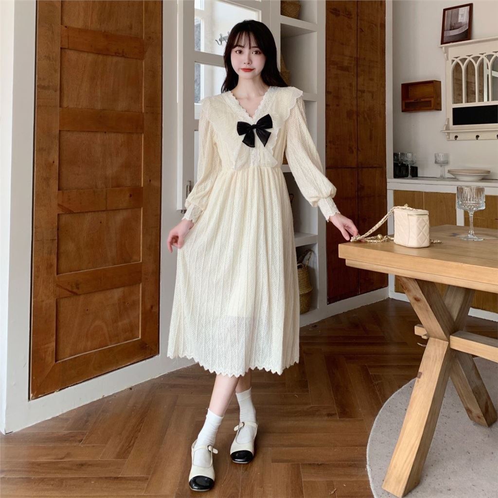 Lace Dress Autumn/Winter New French Fashionable Dress Ladies Autumn Bow Dress Women Waist