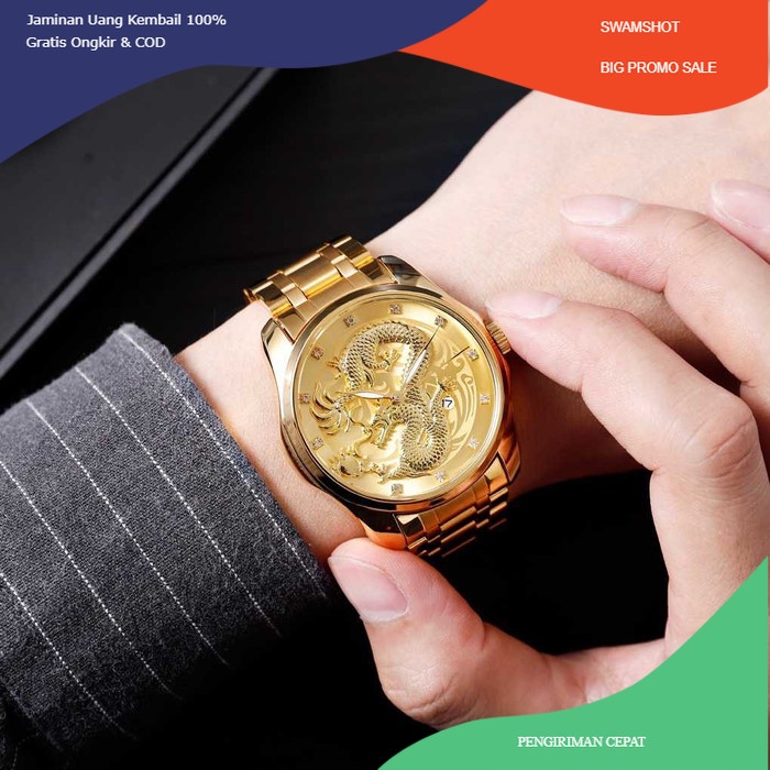 Jam Tangan Analog Pria Motif 3D Dragon Naga Stainless Steel Waterproof - Gold
