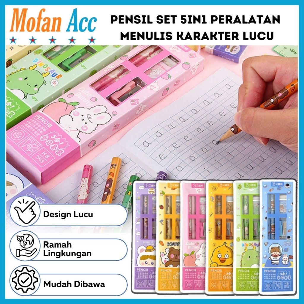 

Pensil Set 5in1 Karakter Lucu / Paket Alat Tulis Pensil Penghapus Penggaris Rautan Gambar Kartun Imut / Mini Stationery Character 5 Pcs ATK Perlengkapan Menulis Anak Sekolah Hadiah Kado Ulang Tahun Souvenir Goody Bag PAUD SD Unik Dino Bunny Bear Pencil