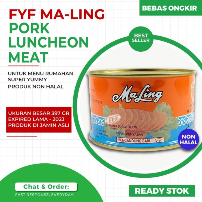 

DH8 Maling Pork Luncheon Meat Kaleng 397gr FYF (daging ham babi kaleng) - FYF TANPA BUBLE